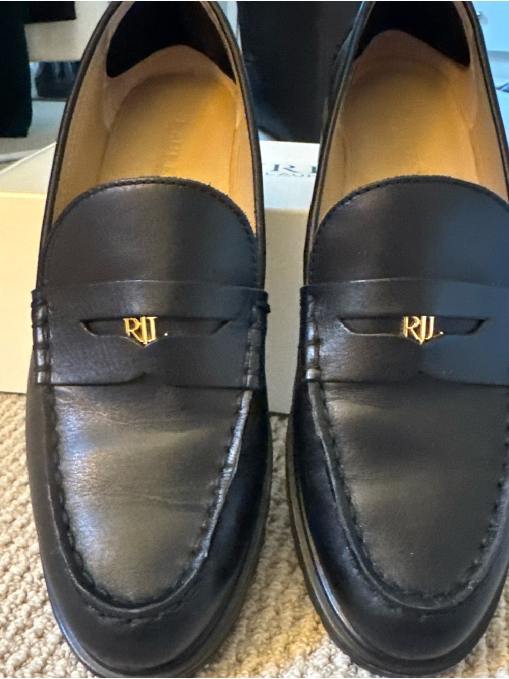 Ralph Lauren Black Leather Women's Penny Loafers with Gold RJ Accent